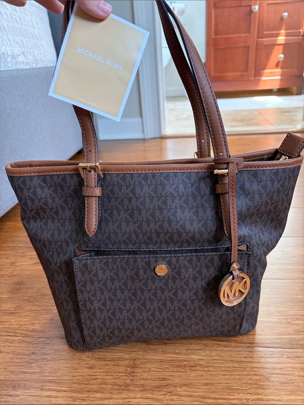 Michael Kors Brown Logo Canvas Tote with Gold-Tone MK Charm